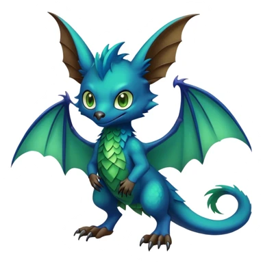 Cute cool fantasy animal hybrid bat-Sergal-Digimon-Fakemon full body, green scales, brown eyes, blue feathers sticker