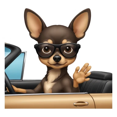 Make a skinny black deer headed chihuahua with a black nose wearing sunglasses driving in a car. sticker