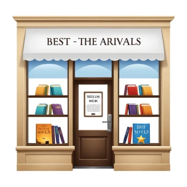 Bookstore window display. A sign displays “New Arrivals This Week”. Below, a shelf tag with the text “Best-Selling Novels Here”.  sticker