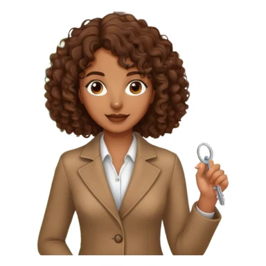 brown lady with medium brown mid length curly hair in real estate job with house sticker