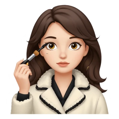 Garota branca de cabelos levemente ondulados castanhos escuros médio aplicando máscara de cílios, ela veste casaco off white estilo cozy sticker