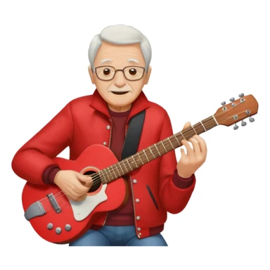 guitar rock player, elderly head, red jacket sticker