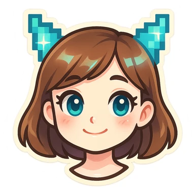 cute girl in Telegram sticker style, very pale skin, neat facial features, large expressive eyes, soft smile, pixel or digital elements like pixel ears or holographic details, white background, head only without neck sticker