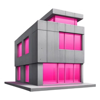 Minimalist concrete building with one window glowing bright pink, brutalist architecture sticker