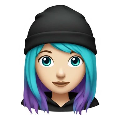 White girl, black hoodie, long teal and purple hair, black beanie hat, blue eyes sticker