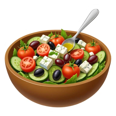 mediterranean salad bowl object icon, tomatoes, cucumbers, olives, feta cheese, olive oil dressing, 3D cartoon, mobile game icon style, clean background, no text, no watermark
 sticker