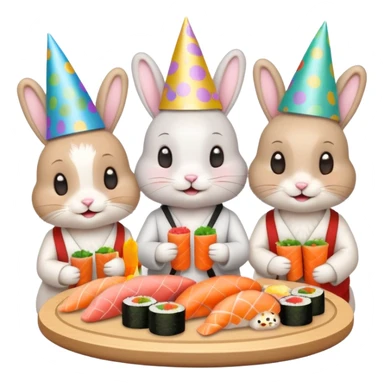 four cute bunny rabbits eating sushi at a birthday party, festive, colorful, party hats, birthday decorations, emoji style sticker