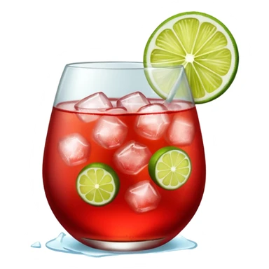 A round wine glass filled with bright red Campari tonic, lots of ice, and a lime wedge on top. sticker