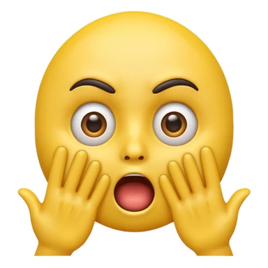 A 3D glossy yellow emoji of a shocked horrified face, with mouth and eyes are wide open, eyebrows  raised, and hands against their face, black background, high quality, soft studio lighting sticker