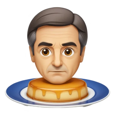 apple style emoji bust of François Fillon, everything made from slightly translucent beige flan, no distinct hair, eyes, or skin colors, all features flan, on a white plate sticker