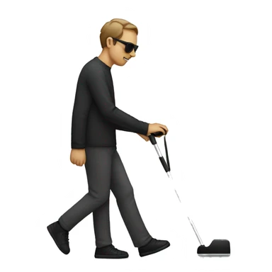 blind person walking with phone in his hand, he also wearing black sunglasses that blind people wear and also has the cane sticker