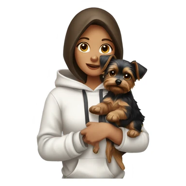 A brunette girl in a white hoodie holds a Yorkshire terrier puppy in her arms sticker