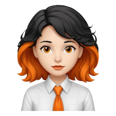 lady in white shirt, orange tie, black wavy hair sticker