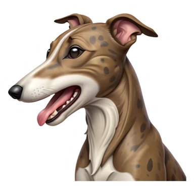 Cinematic Cute Yawning Brindle Greyhound Portrait Emoji, Head tilted slightly with a dramatic, wide-open yawn, showcasing a smooth brindle Fur with a refined pattern, floppy ears slightly drooping, round eyes barely open in drowsy contentment, Simplified yet irresistibly adorable features, highly detailed, glowing with a soft, cozy glow, high shine, relaxed yet expressive, stylized with a touch of whimsy, bright and endearing, soft glowing outline, capturing the essence of a sleepy yet affectionate racer, so drowsy it feels like it could stretch out of the screen and curl up for a nap! sticker