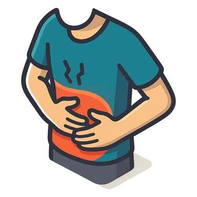 close-up of a person's stomach with both hands pressing on it from the front, showing discomfort, only the stomach and hands, no face, 2D isometric illustration style sticker