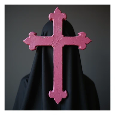 realistic gothic cross, pink with a black veil, photorealistic style sticker