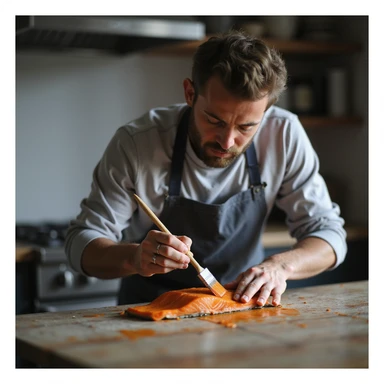 realistic 4K photo of a man in a kitchen brushing orange dye on a gray salmon piece, focused expression sticker