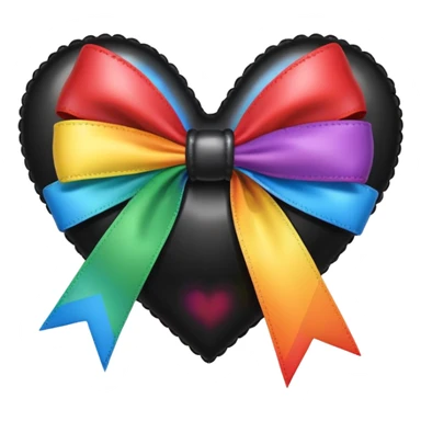 glossy stitched black heart with a rainbow bow and heart pattern on the bow sticker