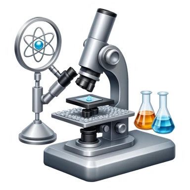 An icon featuring an electronic microscope, a metal alloy, atomic structure symbols, and a crystal structure, symbolizing materials science. The design includes different materials like metals, ceramics and polymers, alongside a stamp representing testing and quality control. Transparent background sticker