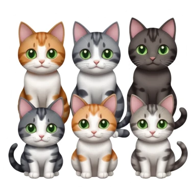 6 different coloured small cats including a dark grey and white, and a patchy calico, and a brown tabby and white,  and a completely solid dark grey with green eyes and only white paws sticker