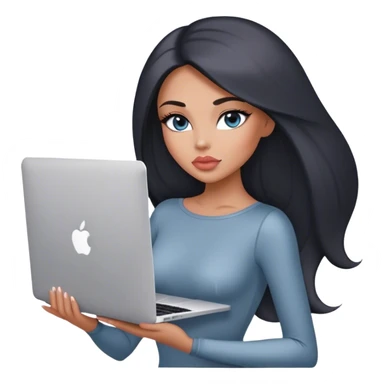 Glamours, tanned, very beautiful girl, with big pump peach-beige-rose lips, black straight smooth silky long hair, straight parting, blue-grey eyes, in grey bodysuit holding MacBook sticker