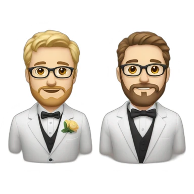 two groom, one with a dark beard and glasses and the other beardless with light hair and white skin sticker