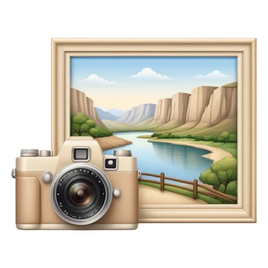 A beige camera and next to it a landscape photograph of the frame behind the camera sticker