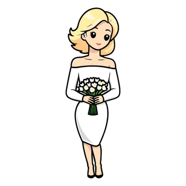 blonde woman in a white off-shoulder dress with long sleeves and a bouquet of white flowers in a white bag in her right hand sticker