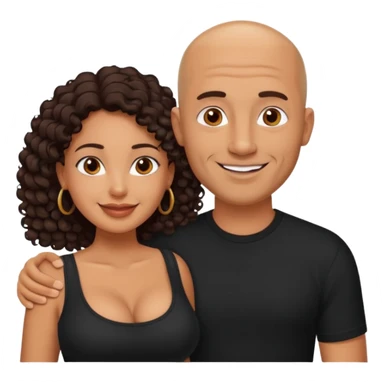 A picture of a happy tanned couple. the man is a Mexican man with tanned skin, a bald hair cut, short beard and wearing a black shirt. the woman is mixed, with long curly dark brown hair and with big boobs  sticker