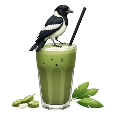 It’s an Australien Magpie (just black and white feathers) sitting on an iced matcha latte on the edge of the glass. It has green matcha on its beak indicating it drank. The iced matxha latte is in a see through glass and white from the oat milk on the bottom and green on top… one straw and ice cubes sticker