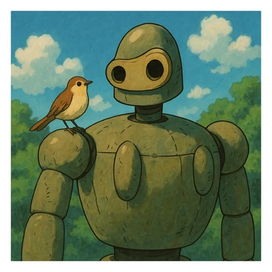 friendly robot with a bird on its shoulder, ghibli style sticker