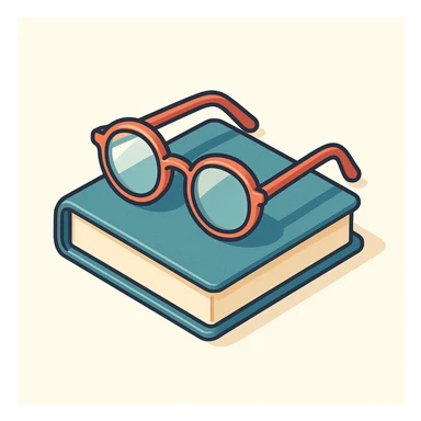folded glasses lying on a book, symbol of knowledge, reflection, and mindfulness, simple form, clear shadows and highlights, 2D isometric style sticker