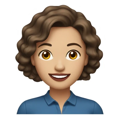 A headshot of a cheerful woman in her 30s with light skin, shoulder-length wavy dark brown hair, and a round face with prominent cheekbones. She has hazel eyes, full lips with red lipstick, and a warm, friendly smile. She's wearing a blue shirt. sticker