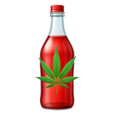 Red curved soda bottle with a cannabis leaf sticker
