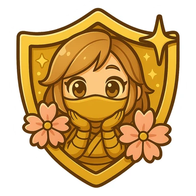 Change the badge color to gold for the Gold rank, keeping the same design of a chibi ninja girl with sakura flowers and sparkly effects, maintaining the badge shape. The image should have a transparent background and be sized for Twitch or Discord use. sticker
