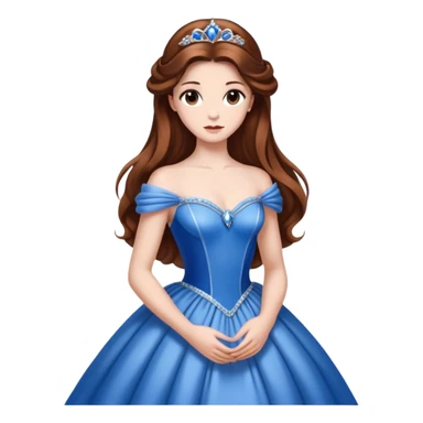 Cinematic Elegant Belle Portrait Emoji, rendered in a realistic, vector-style with minimal shading and bold, simplified shapes. Depict Belle (chest and above) with fair, luminous skin, deep brown expressive eyes, and long, flowing chestnut hair styled elegantly, wearing her classic blue ball gown. The image glows with a soft, warm radiance and high shine, capturing timeless refined beauty. sticker