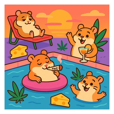 square colorful pool party scene at sunset with up to 3 hamsters, weed, cheese, and THC theme, extra vibrant, playful, nostalgic, fun, inviting, summer party vibe, clear composition, no disco ball sticker