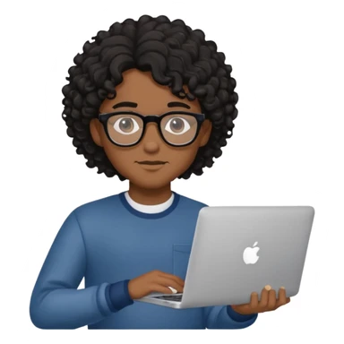 guy with wavy kinda curly black hair and skin tone a little bit brown and glasses, with a macbook sticker