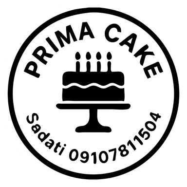 A circular logo for Prima Cake bakery with a pink cake at the center, featuring the text Prima Cake in English and the contact info Sadati 09107811504 below it. The logo should have a pink circular border and a white background, designed to be printable for cake decoration. The style should be elegant and suitable for a bakery sticker