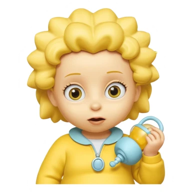 A 3D cartoon baby character entirely yellow, styled like Maggie Simpson, with pacifier, yellow onesie, big eyes, smooth shading, Memoji-style rendering, consistent with other yellow Simpsons characters. sticker