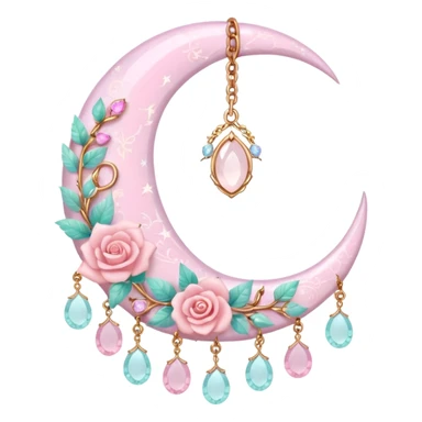 Rosy shiny glossy sparkly romantic pastel crescent damask moon with rose quartz pastel vines pastel gems pastel beads with feathers and chains  sticker
