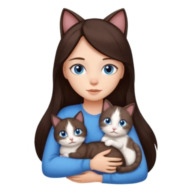 a girl with long dark 
brown hair, with blue eyes, hugs 3 different natural coloured cats sticker