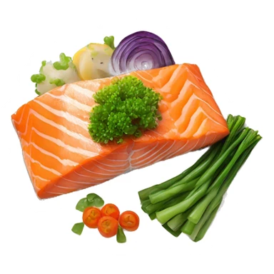 realistic piece of baked salmon served on the plate with vegetables  sticker