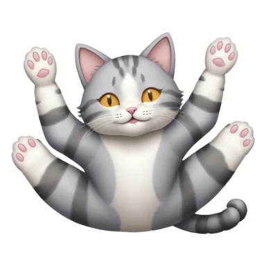 grey and white small cat eyes closed lying down upside down with paws stretched out straight in different directions sticker