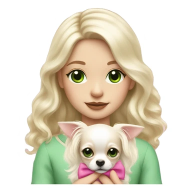 pale blond girl with wavy long platinum hair with green eyes holding a white chihuahua puppy that wearing a pink bow sticker