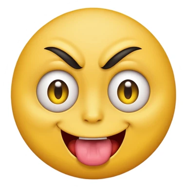 A yellow round face emoji smirking with its tounge out but the eyes are evil and kind of crazy and only one eyebrow is raised higher than the other sticker