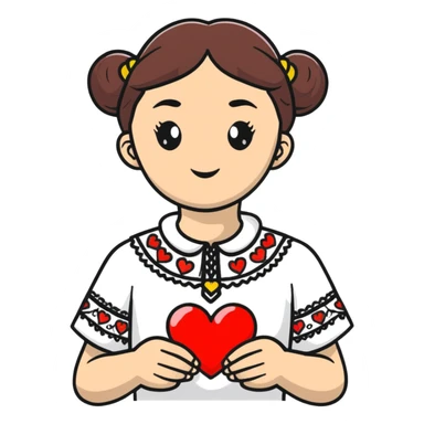 beautiful young girl wearing a white Ukrainian embroidered shirt with a big heart sticker
