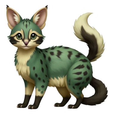 Dark-Green, black-pointed, soft natural realistic romantic vintage antique divine beautiful elegant pretty precious cute young youthful  Fakémon-Pokémon-opossum-feline-serval-caracal-chinchilla-Minccino-Cinccino-Meowstic-rodent-hybrid-creature with a big fluffy bushy tail (full body) sticker