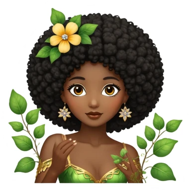 Dreamy diamond nature fairy with brown eyes Afro black hair dark skin touching a flower vine and rhinestone dancing sticker