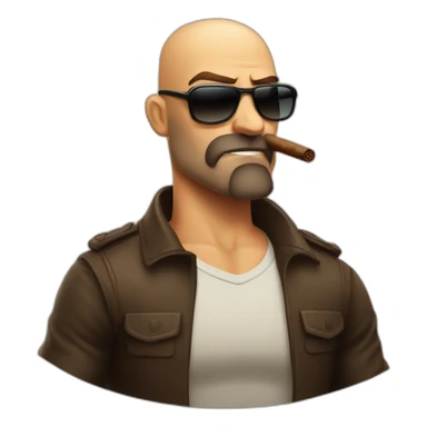 Bald muscular man with brown beard and sunglasses smoking cigar angry face sticker